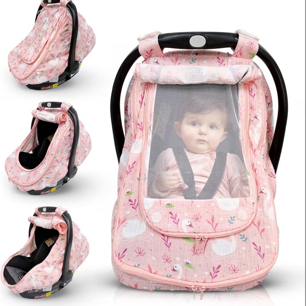NWOT Pink Baby Car Seat Cover with Floral and white swan design 100% Cotton